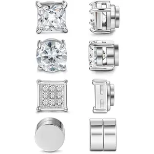 CASSIECA 4Pairs Magnetic Stud Earrings For Men Women Stainless Steel CZ Earrings Studs Square Round Non-Piercing Clip On Stud Earrings Set For Male 6mm 7mm 8mm Men Jewelry Cubic Zirconia