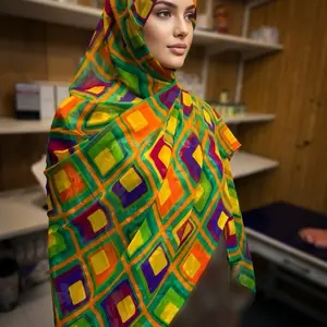 Retro Neon Geometric Pattern Premium Chiffon Scarf | Bright Multi Wrap