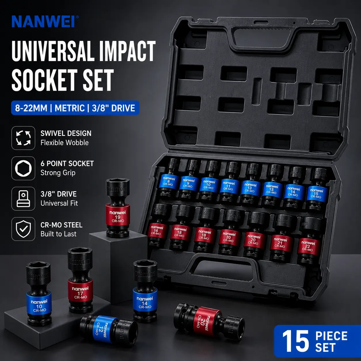NANWEI Multifunctional Hex Socket Set - 8-22mm Metric 6-Point Cr-MO Steel Impact Socket Wrench Kit with Flexible Wobble Swivel Drive, Shallow Universal Car Tools for Impact Wrenching