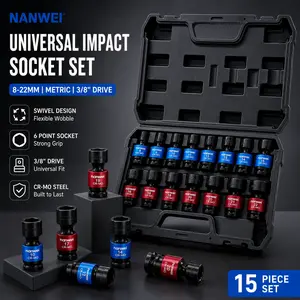 【summervibes】NANWEI Drive Shallow Universal Impact Socket Set, Swivel Socket with Flexible Wobble, 6 Point, Metric,8-22mm,Cr-MO Steel tiktokshopspringglowup