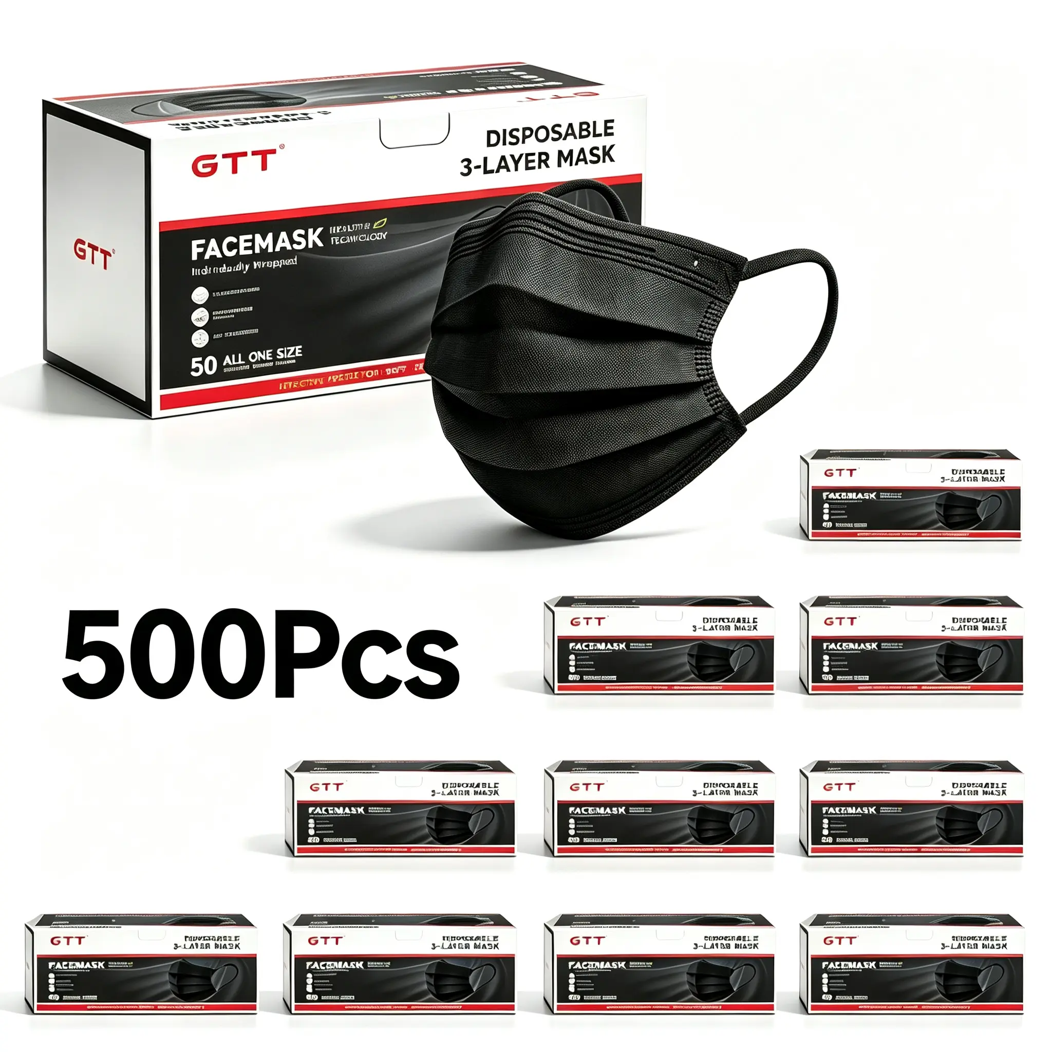 Adult 3-Ply Disposable Non-Woven Face Masks, Breathable Dust-Proof Masks with Elastic Earloops, 50pcs/500pcs Black PPE for Home & Office Use