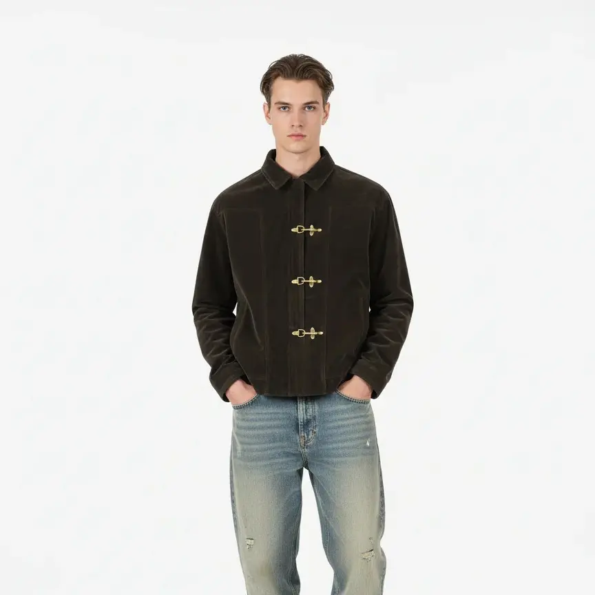 Supermade Men's Vintage Retro Suede Bomber Jacket - Menswear Outerwear Knitwear Layer, Casual Streetwear Long Sleeve Coat with Lapel Collar, Metal Toggle Buttons, 2 Front Pockets, Plain Design, Clean Lines, Mechanical Accent