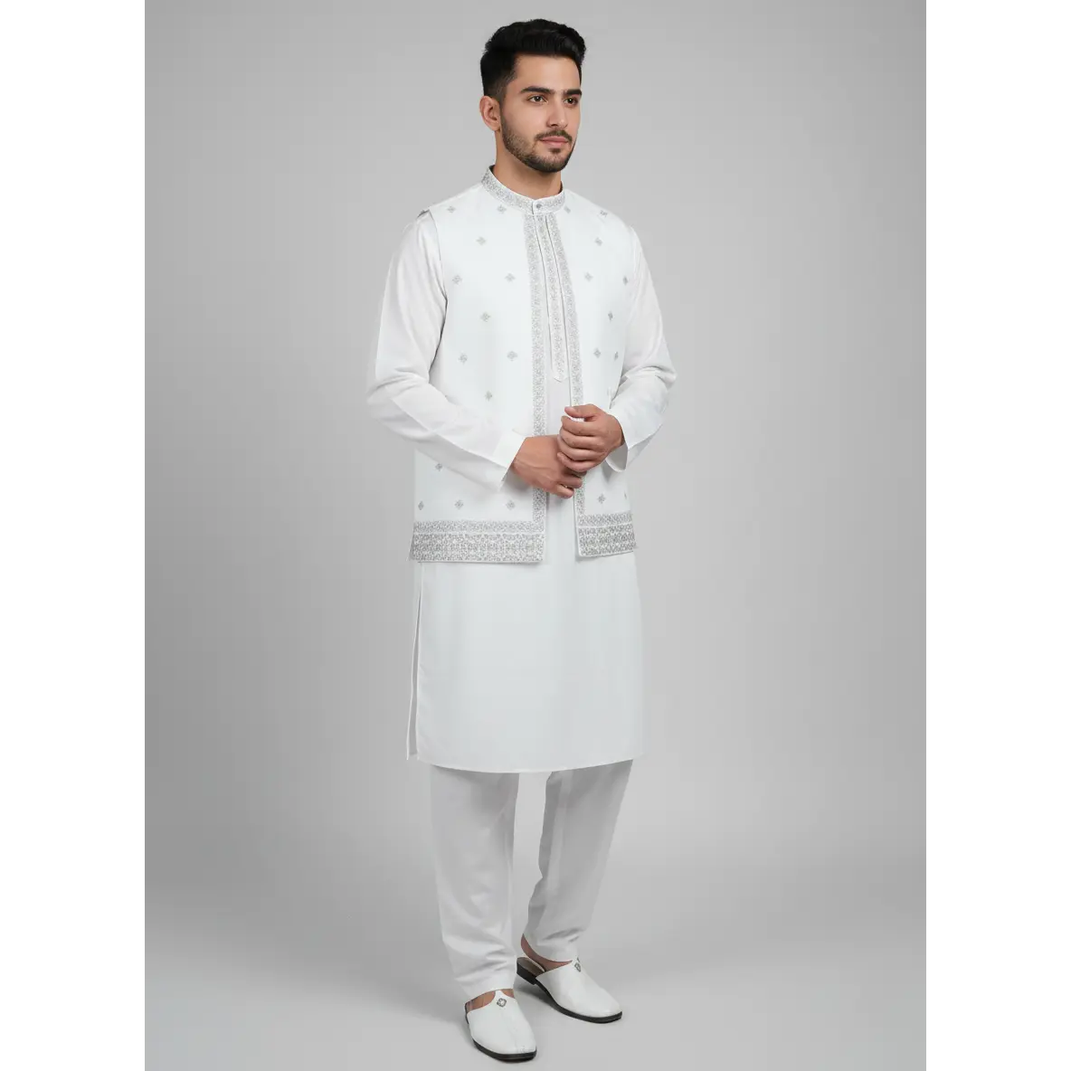 Men's 3-Piece Qameez Shalwar Set with Waistcoat, Traditional Culturally-Inspired Body-Fit Men's Suit, 3-Piece Men's Suits, Traditional Men's Suits