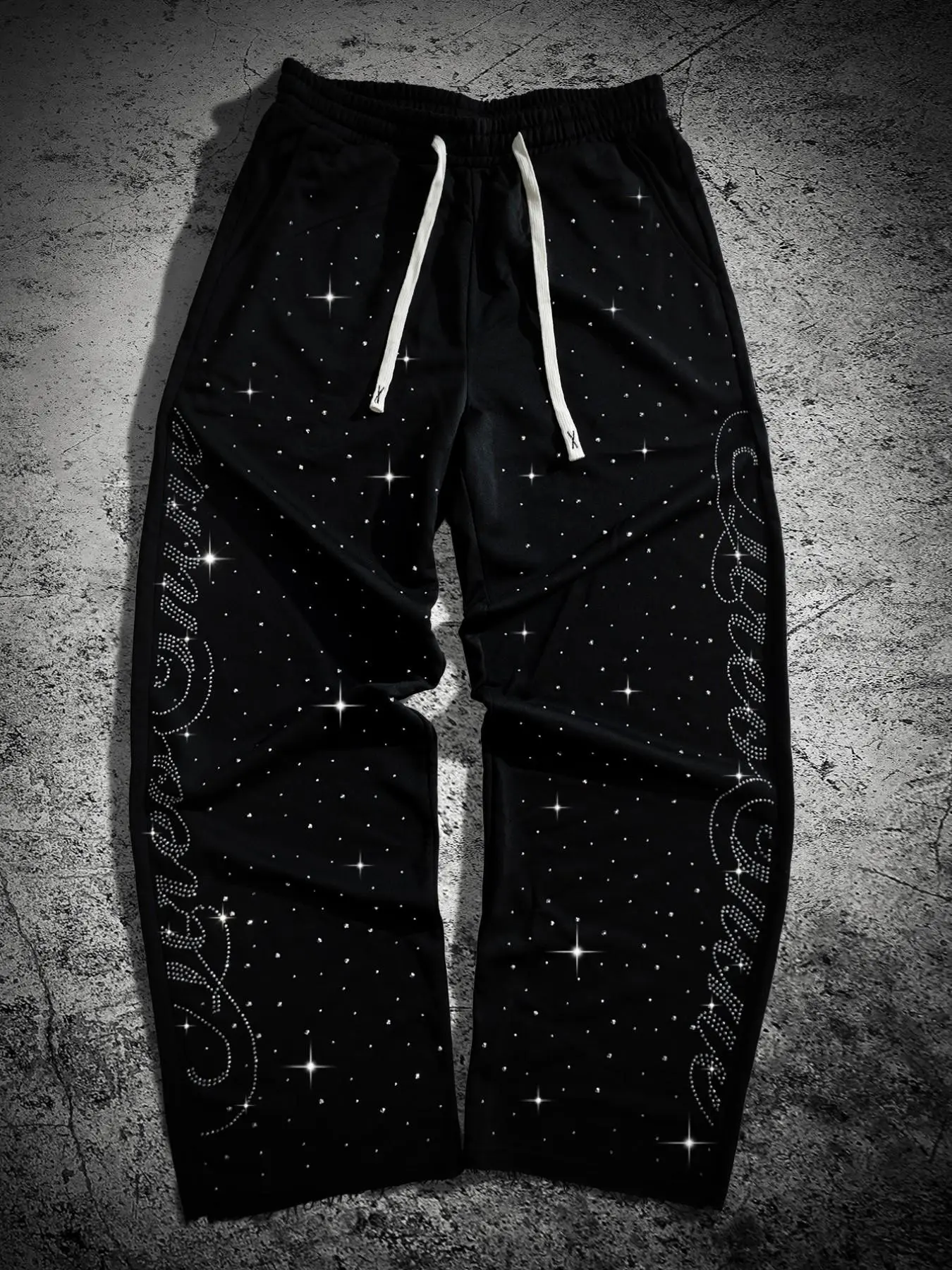 Men's Rhinestone Starry Sky Wide Leg Sweatpants, Y2K Trash Rock Street Style Joggers, Tiktok Trendy Aesthetic Pants for Concerts & Night Out, Athleisure Style Bottoms, Athleisure Casual Bottoms