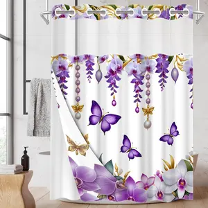 1PC/4PCS 2D Flat Printing Purple White Flowers Butterflies Patterned shower curtain, Printed Shower Curtain, home bathroom decor, shower curtain set with 12 hooks, non-slip bathroom rug, U-shaped toilet seat cover, toilet seat mat