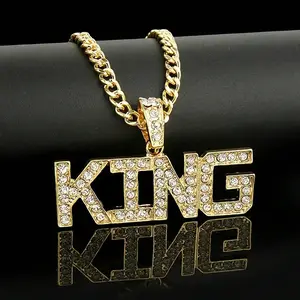 MaxBling81 Fashion Alphabet KING CZ Pendant, 4mm Brass Cuban Link Chain Hip Hop Necklace, 18in-24in Silver-Plated High-Quality Polished Unisex White Gold Necklace Accessory