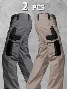 Men's Solid Color Zipper Waterproof Tactical Work Pants, Without Belt, Solid Color Design, Regular Fit, with Sports Pockets, Autumn Durable Pants, Men's Wear-Resistant Outdoor Training Pants. Please Place Your Order According to the Size Chart.