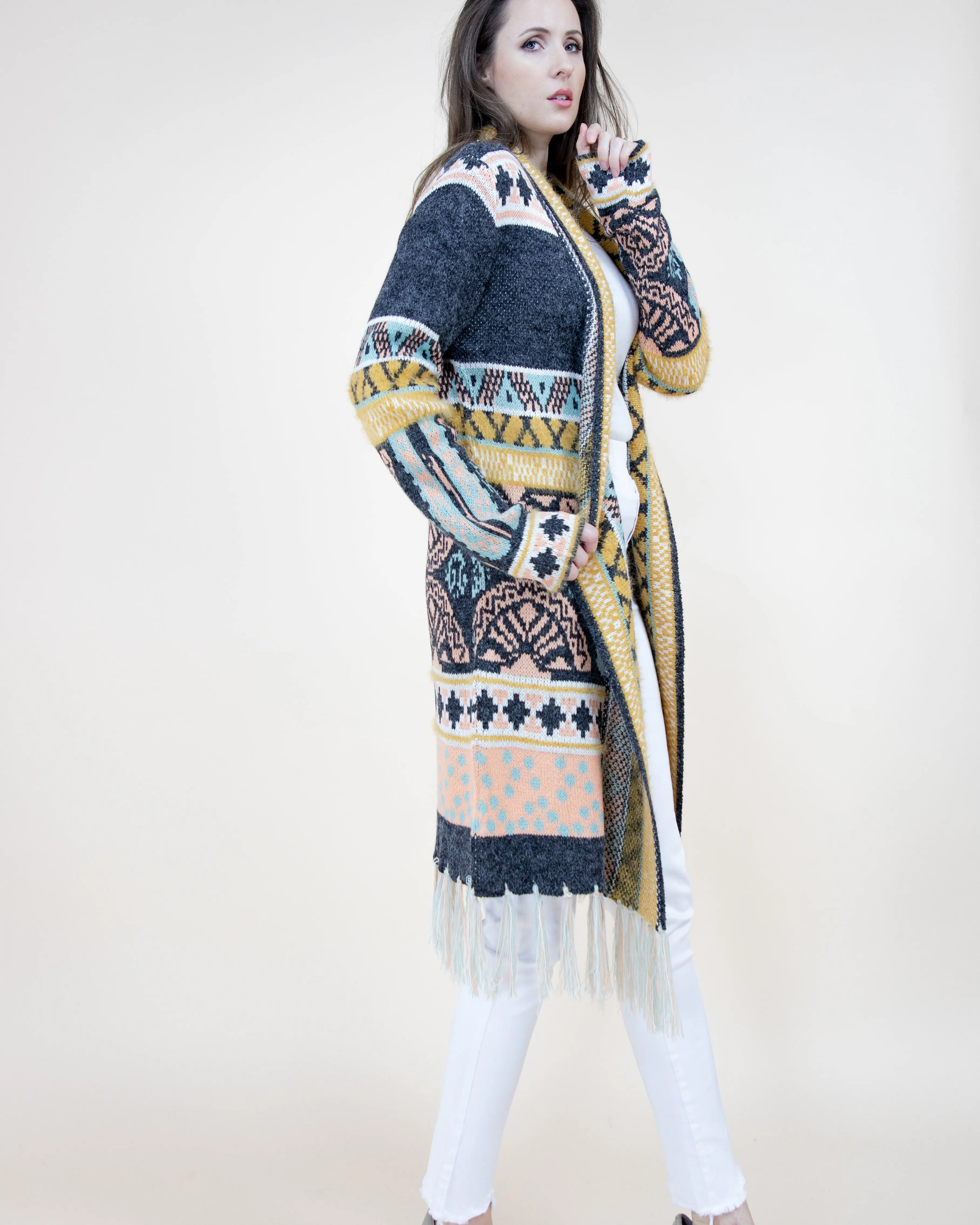 Tribal Ethnic Pattern Cardigan w/ Fringe