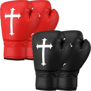 THE HANDY HIVE Christian Boxing Gloves 2 Pairs 12 oz for Men Women Cross Religious Lightweight Shockproof Mitts Red Black for Training Practice Nylon Martial Arts