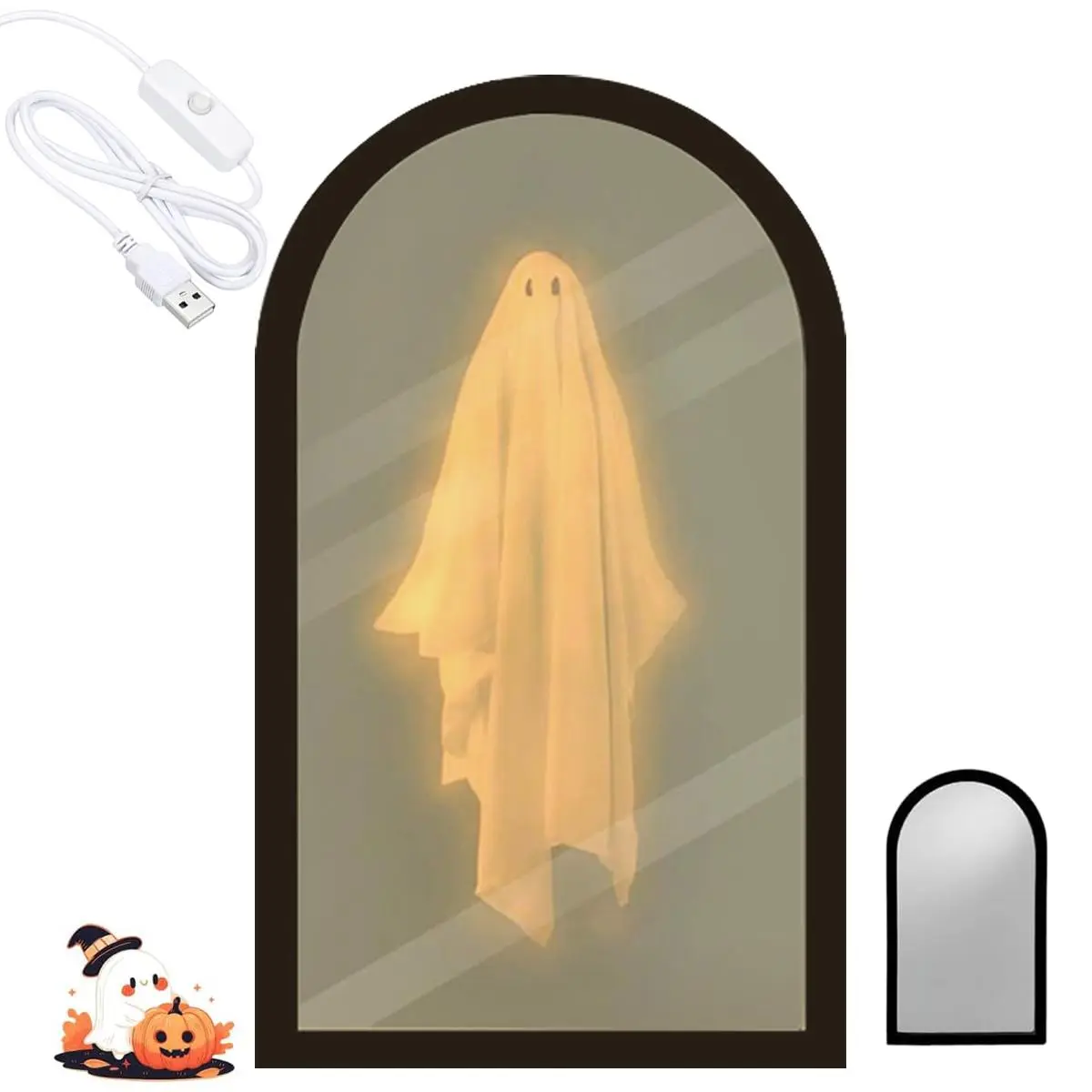 2026 Halloween Ghost Mirror – 13.8" x 7.9" Hologram Ghost Mirror, Halloween Ghost Decorations Indoor for Fireplace, Living Room, Bedroom, DIY Haunted House Props (Round Border)