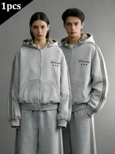 Men's Street Style Streetwear Vintage Casual Striped Hooded Sweatshirt, Plush Leopard Print Fabric, Luxurious Quality, Trendy Everyday Fashion, Perfect Gift for Him