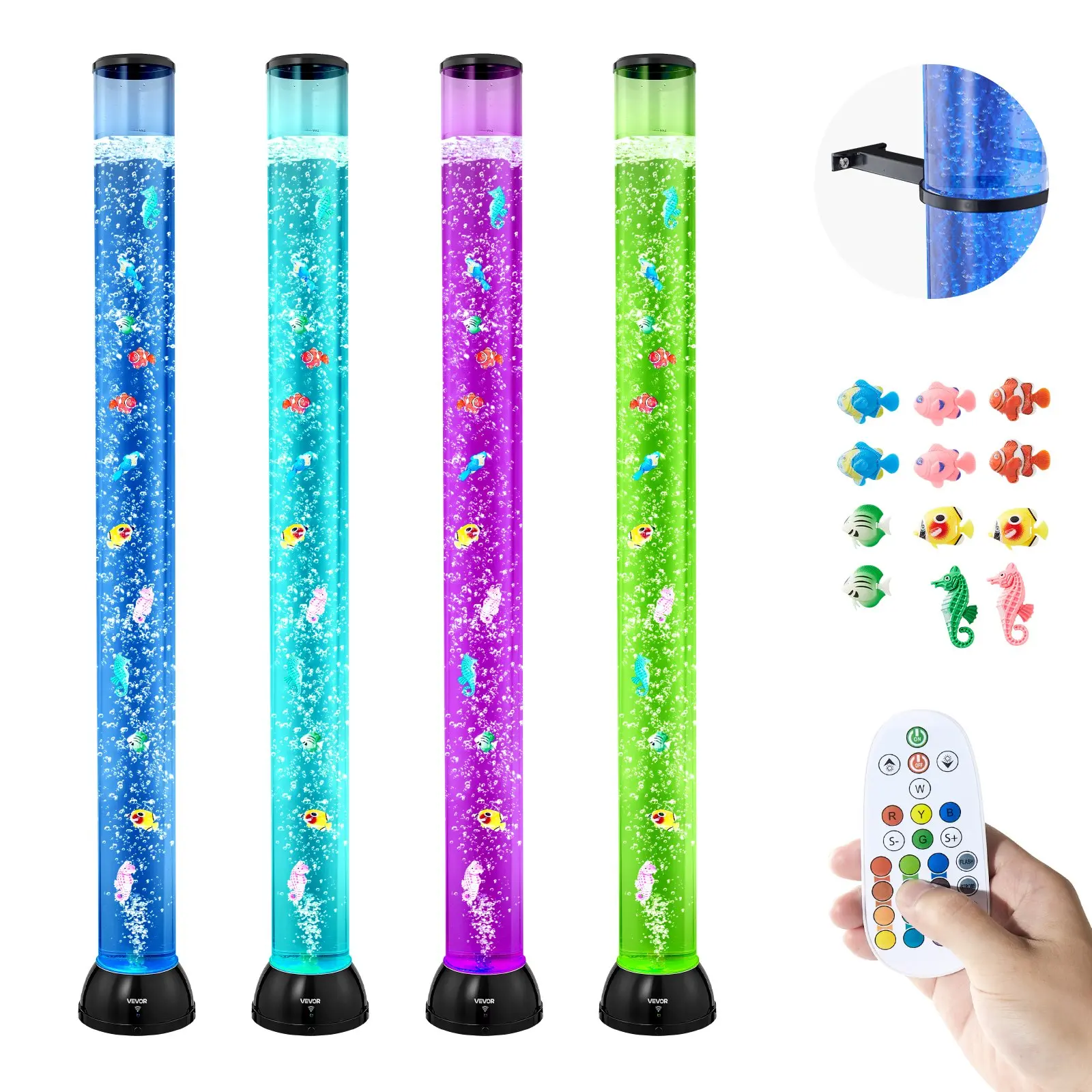 VEVOR 48-Inch Plastic Tube-Shape LED Mood Light, 10 Floating Fish, 16 Color Changing Effects, Remote Control, Automatic Atmosphere Lighting for Bedroom Home Decor Stress & Anxiety Relief