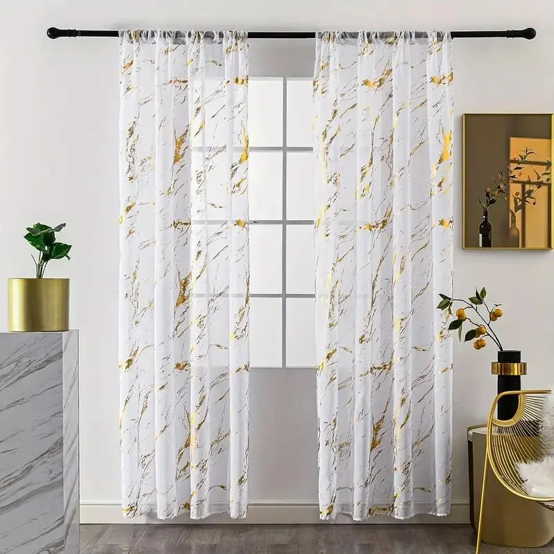 2-Piece Sheer Curtain Panels, Golden Marble Geometric Pattern, Rod Pocket Top, for Living Room Bedroom, Do Not Bleach, Home Office Decor