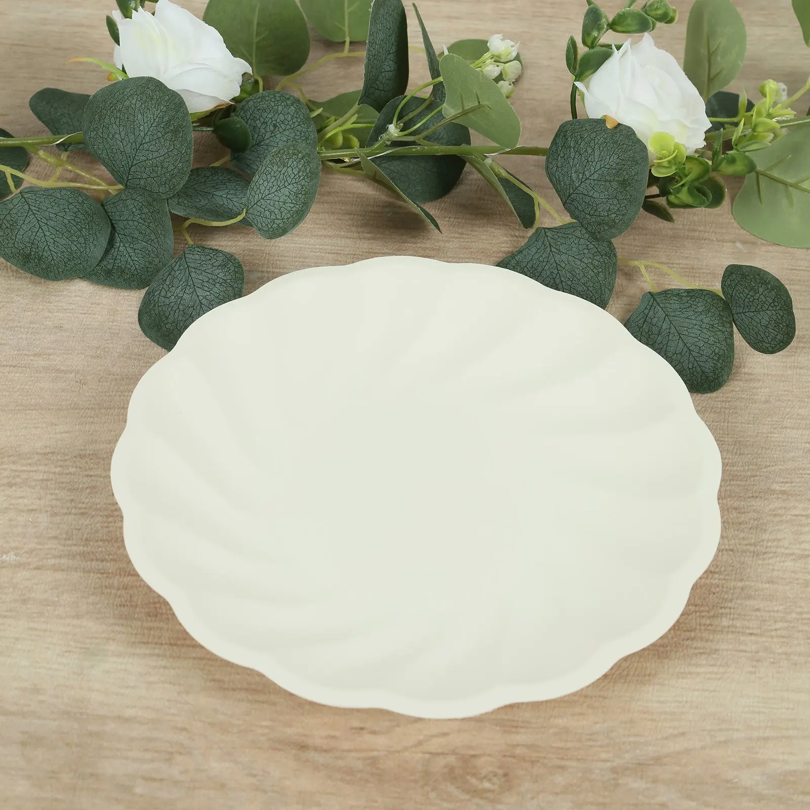 20-Pack Compostable Disposable Dinner Plates - 9" Cream Swirl Scalloped Edge Pastel Eco-Friendly Biodegradable Sugarcane Bamboo Tableware for Birthday Parties