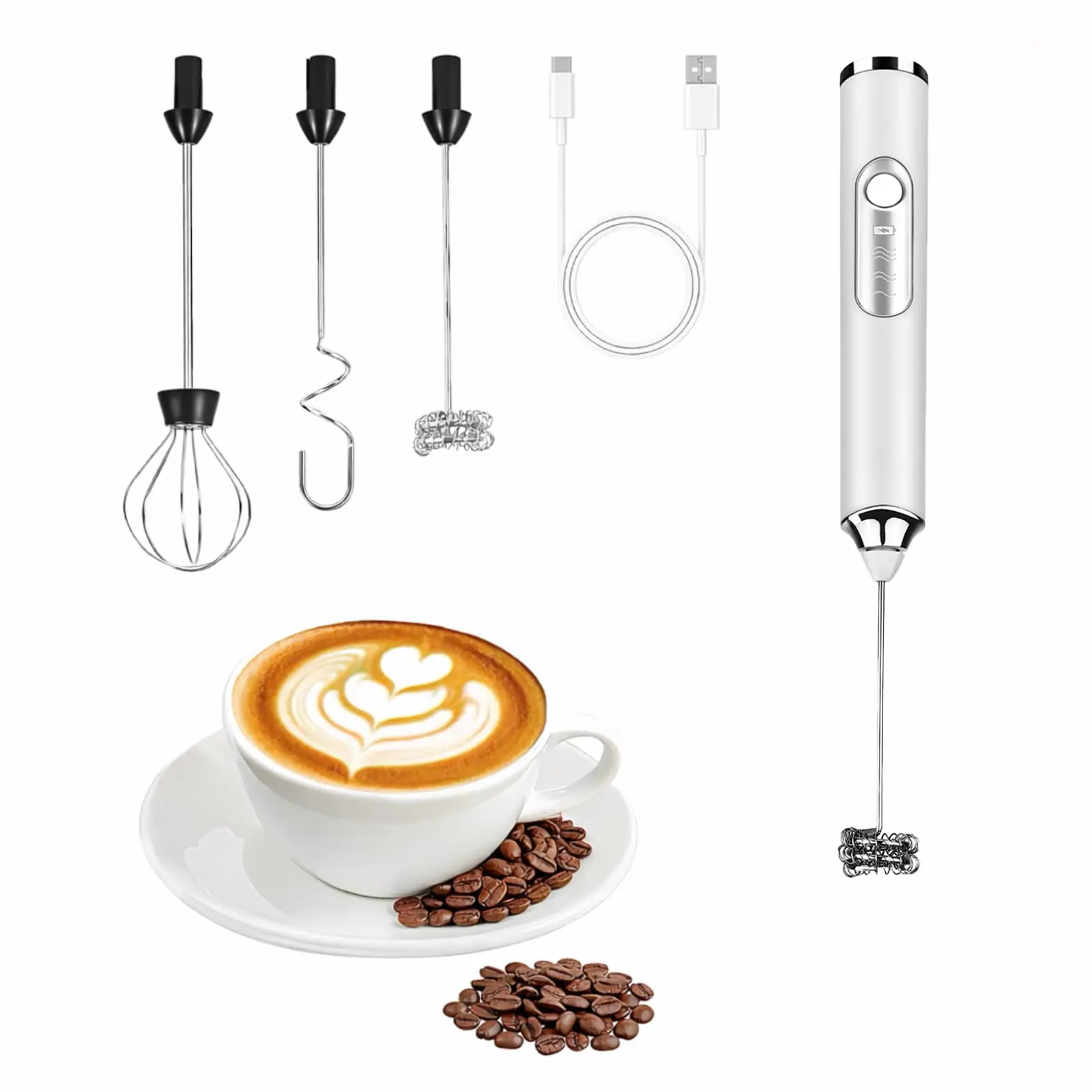 Handheld Rechargeable Milk Frother Wand - Electric Frothing Wand with High-Efficiency Solar Panel (26% Conversion), 3 Detachable Whisks, Motion Sensor, Easy Installation, Long Endurance, 25%/100% Dimming, Remote Dim Control (White) for Latte, Matcha