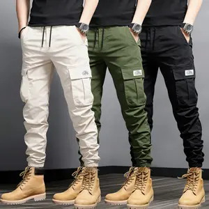 Men's Classic Slim-Fit Plain Cargo Jogger Pants (2-Pack or 3-Pack) - Mid Waist, Drawstring Elastic Waist, Multiple Pockets, Fitness & Outdoor Versatile Menswear, Durable Fabric for Street Style, Workwear