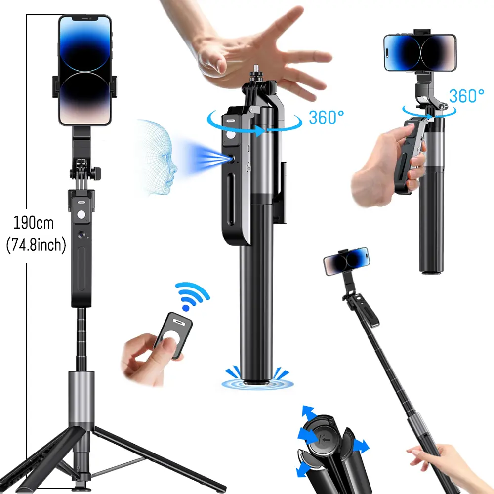 2026 New 360° Rotatable Selfie Stick Tripod, 74.8in Wireless Rechargeable Remote, Smart Face Tracking Cellphone Holder, Mobile Recording Accessory for Vlog, Live Streaming, iPhone 17/16/15/14/13, Android, Digital Cameras, Valentine's Day Gift