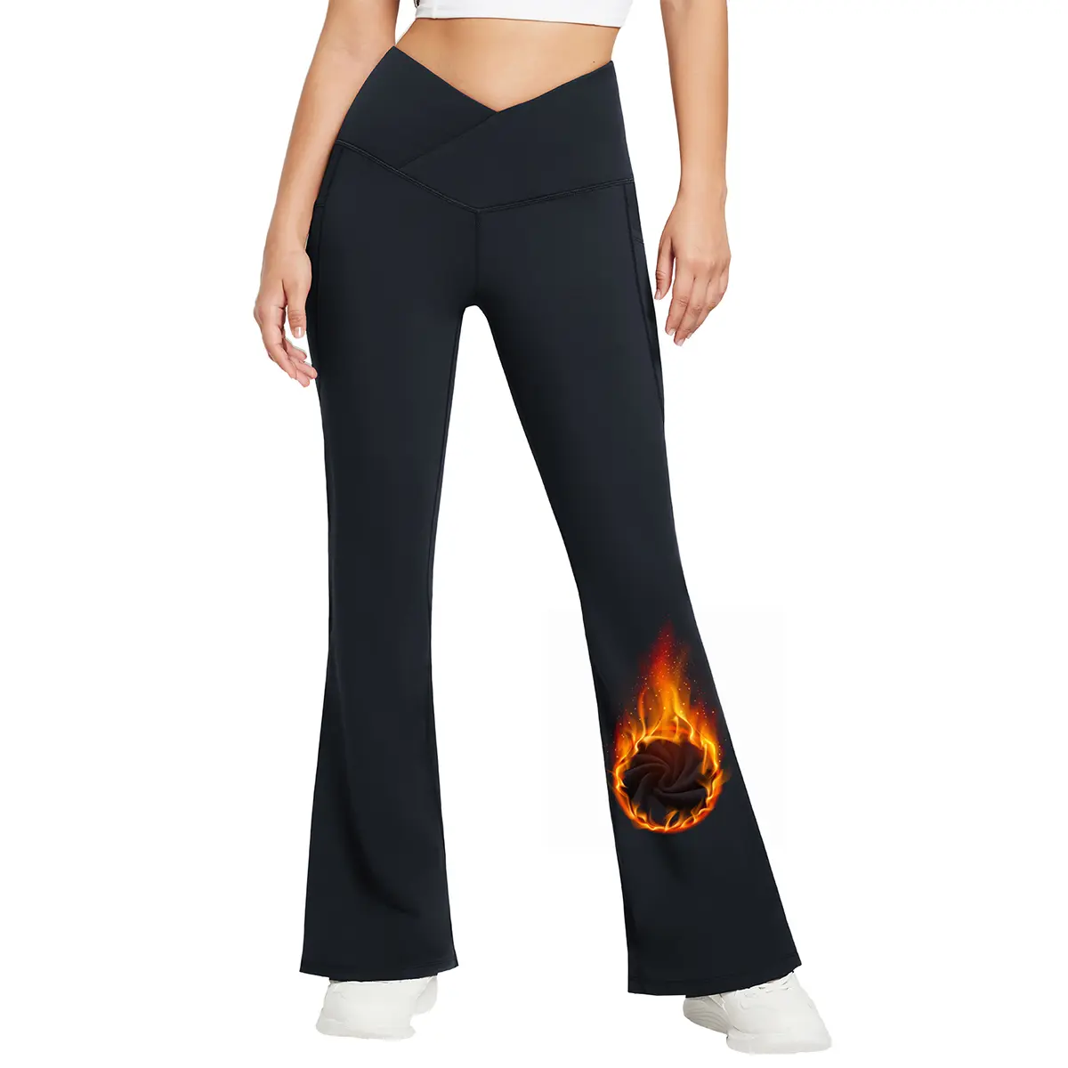 baleaf Women's Thermal Fleece-Lined Crossover High-Waisted Bootcut Flare Yoga Pants with Pockets for Work & Lounge, Fitness Training Pant, High Waist