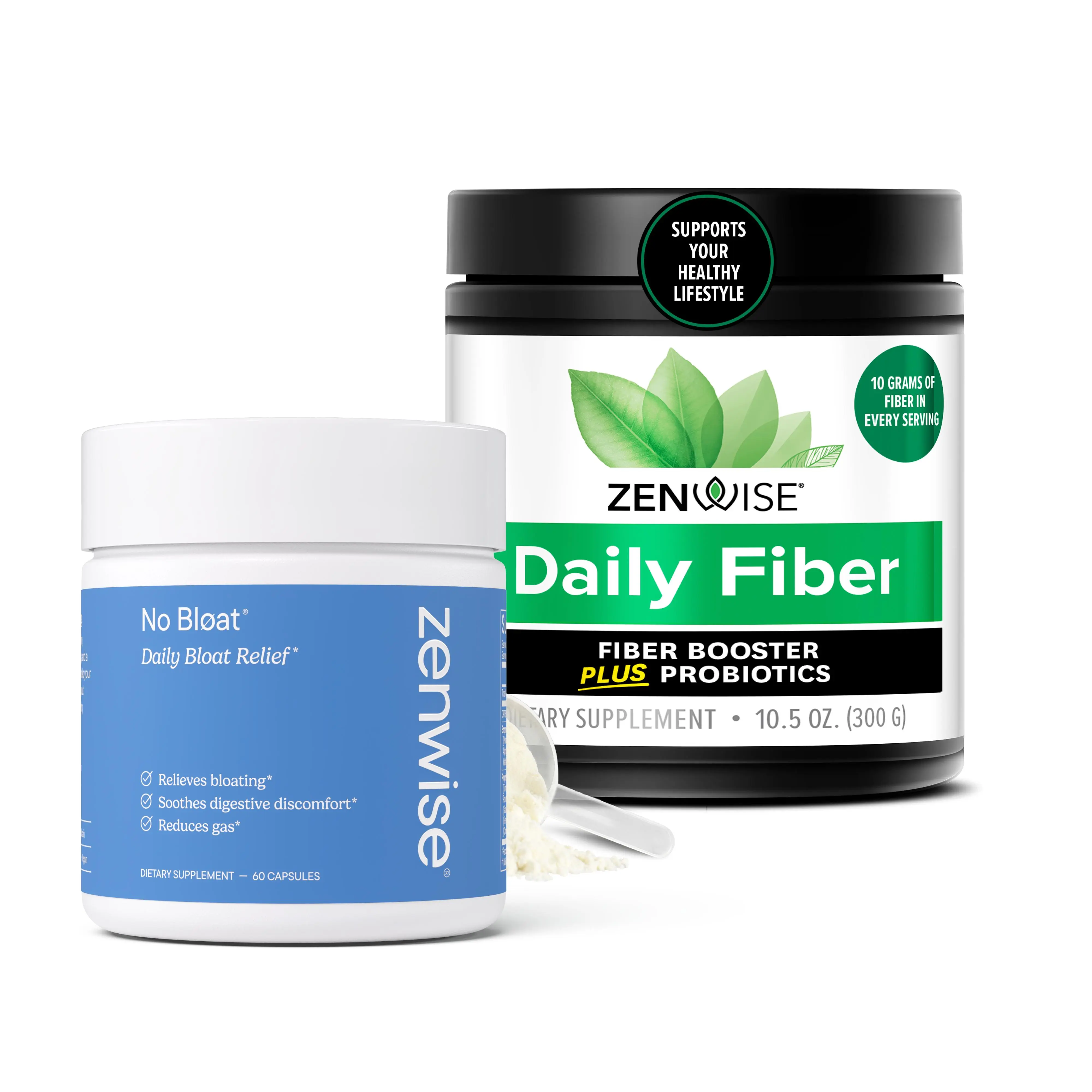 Zenwise Green Wellness Gut Comfort Bundle – Daily Fiber + No Bloat – Supports Regularity, Bloating & Gas Relief - Fast acting Relief & Long Term Gut Health Supplement When You Need It Most