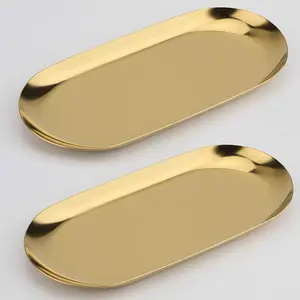 Stainless Steel Decorative Tray, 17.78 cm Long, Jewelry And Cosmetics Organizer for Bathroom Clutter, Small Storage Tray, Oval Shape, Available in Golden And Silver, Bathroom Counter Organizer