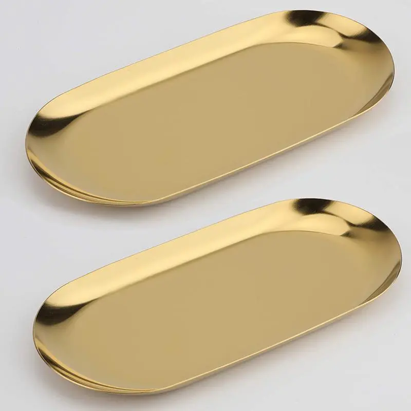 Stainless Steel Decorative Tray, 17.78 cm Long, Jewelry And Cosmetics Organizer for Bathroom Clutter, Small Storage Tray, Oval Shape, Available in Golden And Silver, Bathroom Counter Organizer, Bathroom Organizers, Bathroom Organization