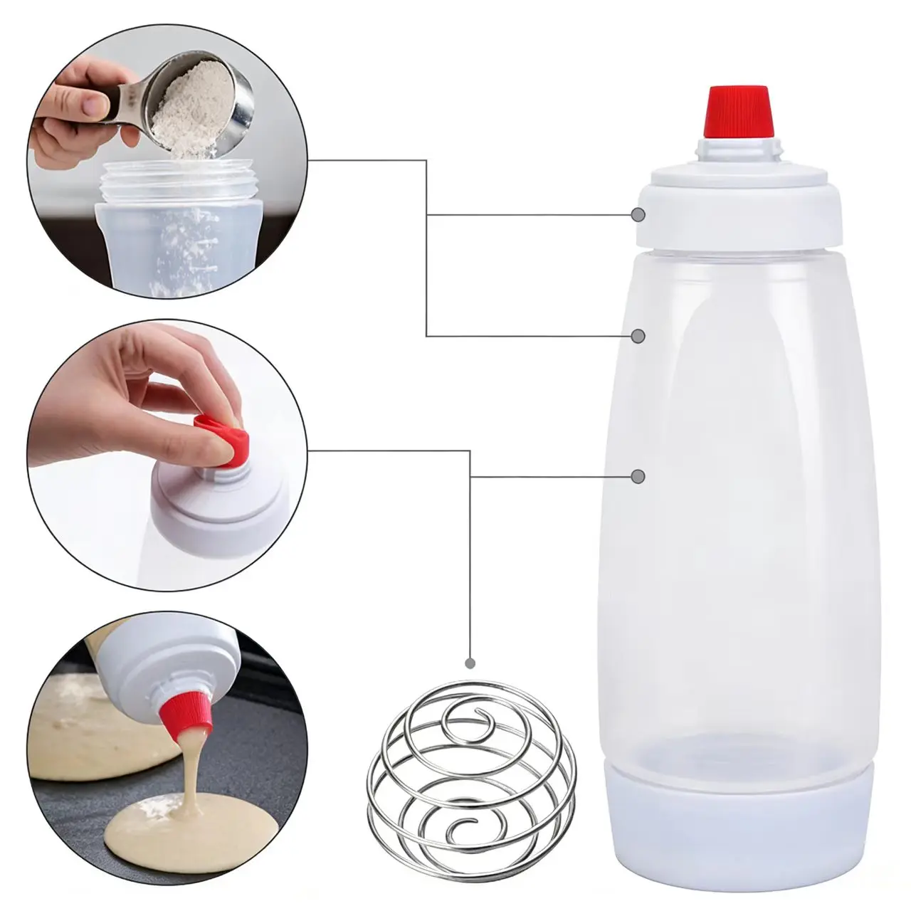 Hand-crank pancake batter mixing bottle and dispensing applicator; home baking tool suitable for making paper cup cakes, muffins, and cakes; includes a stirring ball, metal whisk, and silicone tools.