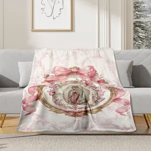 Our Lady of Guadalupe Pink Bow Frame Flannel Blanket Super Soft Warm Cozy Throw for Bed Sofa Travel Ideal Gift for Feminine Catholic Fans girlfriend colorful design kakashi bratz polyest