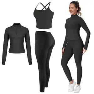 CRAZY YOGA 2026 New 3-Piece Workout Set - Adjustable Straps Sports Bra + No Front Seam & Butt Lifting Leggings with Pockets + Concealed Full Zip Jacket with Collar Shield – Women’s Yoga Outfit Activewear for Gym Running Training Sportswear