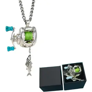 Funny Personality 4*4*3cm Mini Fishing Reel Jewelry Set - Female Fish Pendant Necklace, Great Fidget & All Seasons Gift for Fishermen (College Graduation Gift Inclusive)