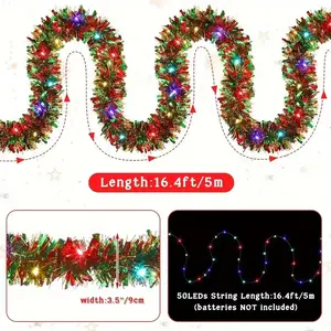 2sets only 9.99,16.4FT/5m Christmas Tinsel Garland with 50 LED Lights - Colorful Tinsel for Tree/Stair/Railing Holiday Decor