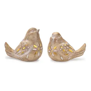 Melrose 92669DS Farmhouse Resin LED Bird Ornaments - 5 & 5.5 in., Beige, Set of 2, Table Decor, Ideal Gift for Home Supplies