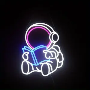 Astronaut Reading Neon Sign, USB Plug Powered LED Luminous Wall Mount Neon Light, Decorative Light for Home, Office, Shop, Coffee Shop, Room Decoration