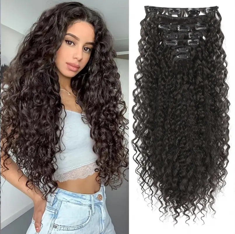 Women's Synthetic Kinky Curl Water Wave Clip-In Hair Extensions, 6-Pcs Invisible Seamless Curled Hairpieces, Extensions Hair, Curled Hair Extensions