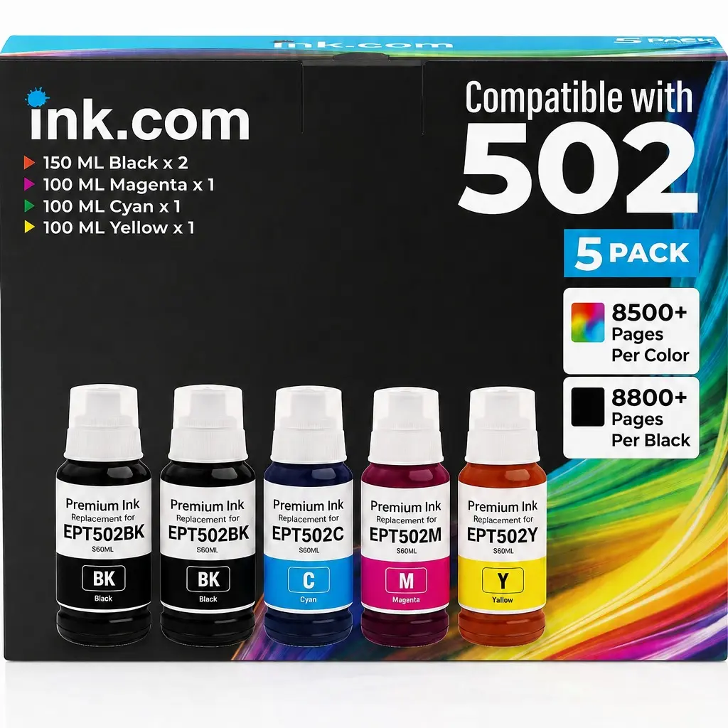 Ink.com High Capacity Refillable Inkjet Printer Ink Cartridges (5 Bottle Pack, Liquid, Cyan, Magenta, Black) with Easy-Refill Design, Vibrant Color Output, Crisp Text, Compatible with Epson ET-2850, ET-3830, ET-3850 & 502 Ink Bottles