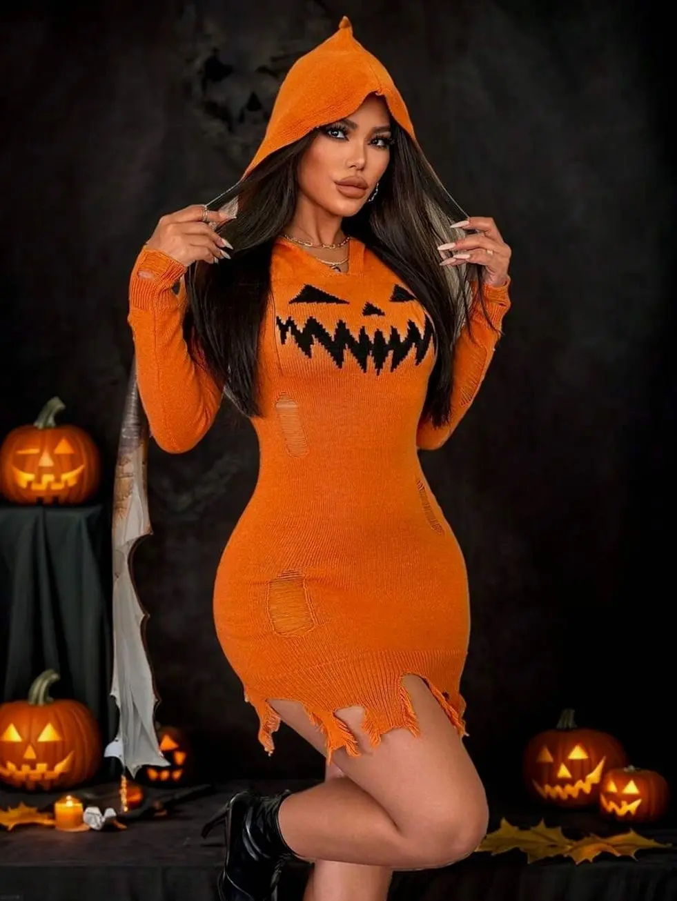 Women's Halloween Pumpkin Teeth Hoodie Dress, Orange Gothic Bodycon Sweater Dress with Hollow Out Tassel Detail, Sexy Long Sleeve Mini Dress for Halloween Party, Costume, Club & Night Out