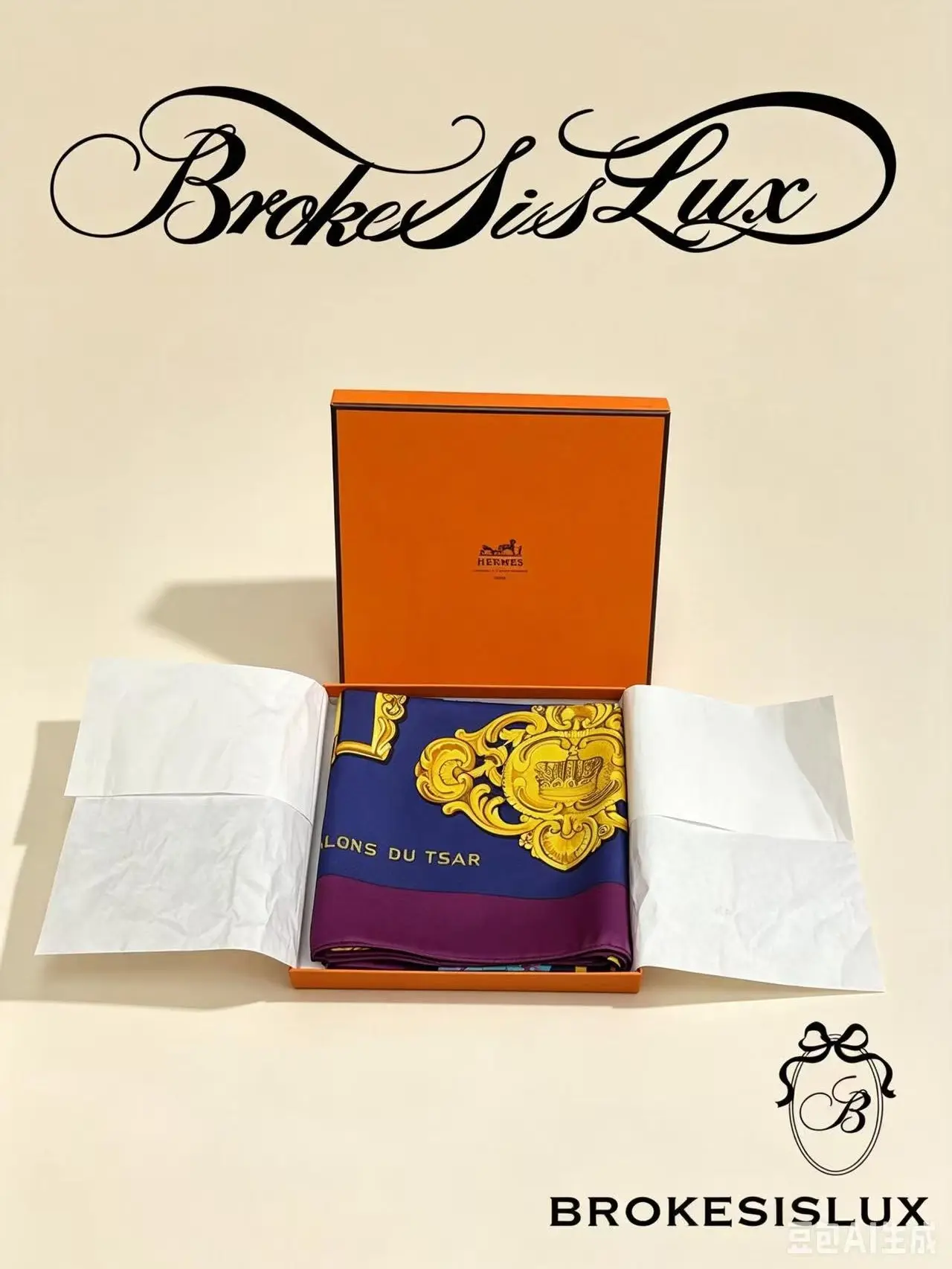 Pre-owned Hermès 90cm Carré Boucles et Galons du Tsar 100% Twill Silk Scarf, Imperial Russian Golden Buckle Motif, Royal Purple & Navy Base
