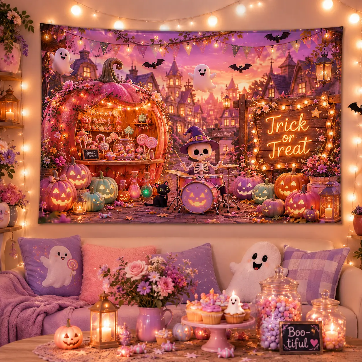 Halloween Decor Photo Backdrop - Festive Ghost, Pumpkin Carriage, and Garden Scene Party Supply