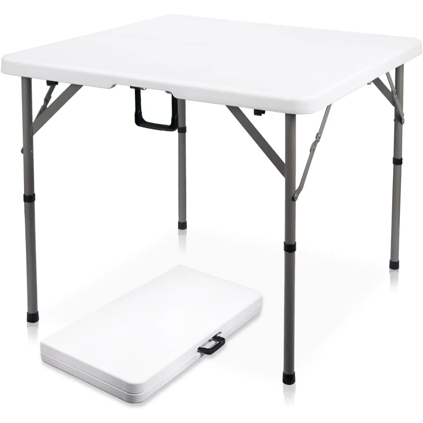 Foldable 34x34 in Square Plastic Card Table - 29 in H Heavy-Duty High-Density PE White Camping Table with Storage, Carrying Handle, Portable Setup, Smooth Edges, Non-Slip Foot Covers, 19.8 lbs Lightweight, 34x17x3.3 in Folded for Camping, Birthday Party,