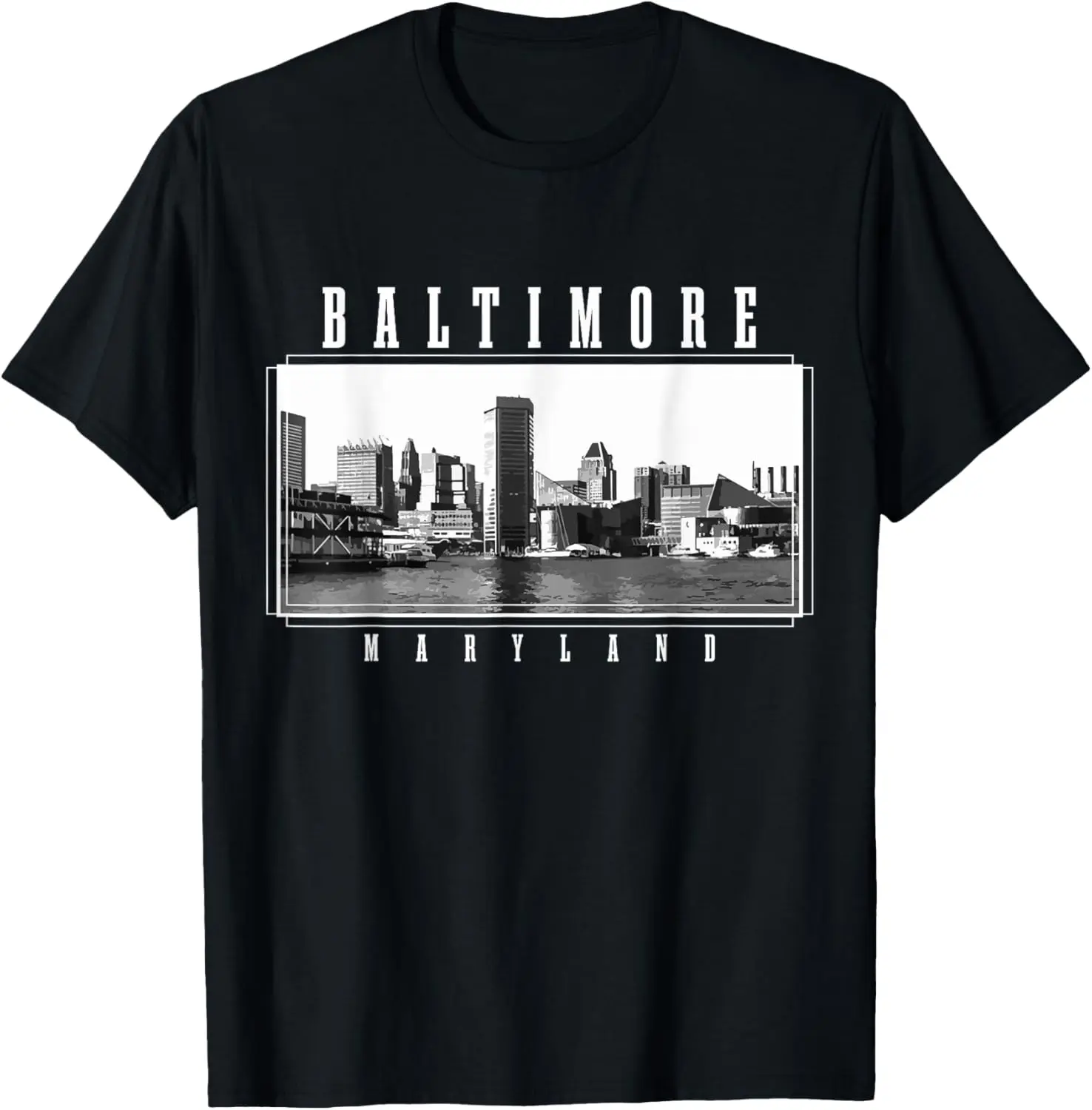 Women's 100% Cotton Round Neck Short-Sleeve T-Shirt - Casual Distressed Baltimore Skyline Maryland Pride Vintage Everyday Clothes