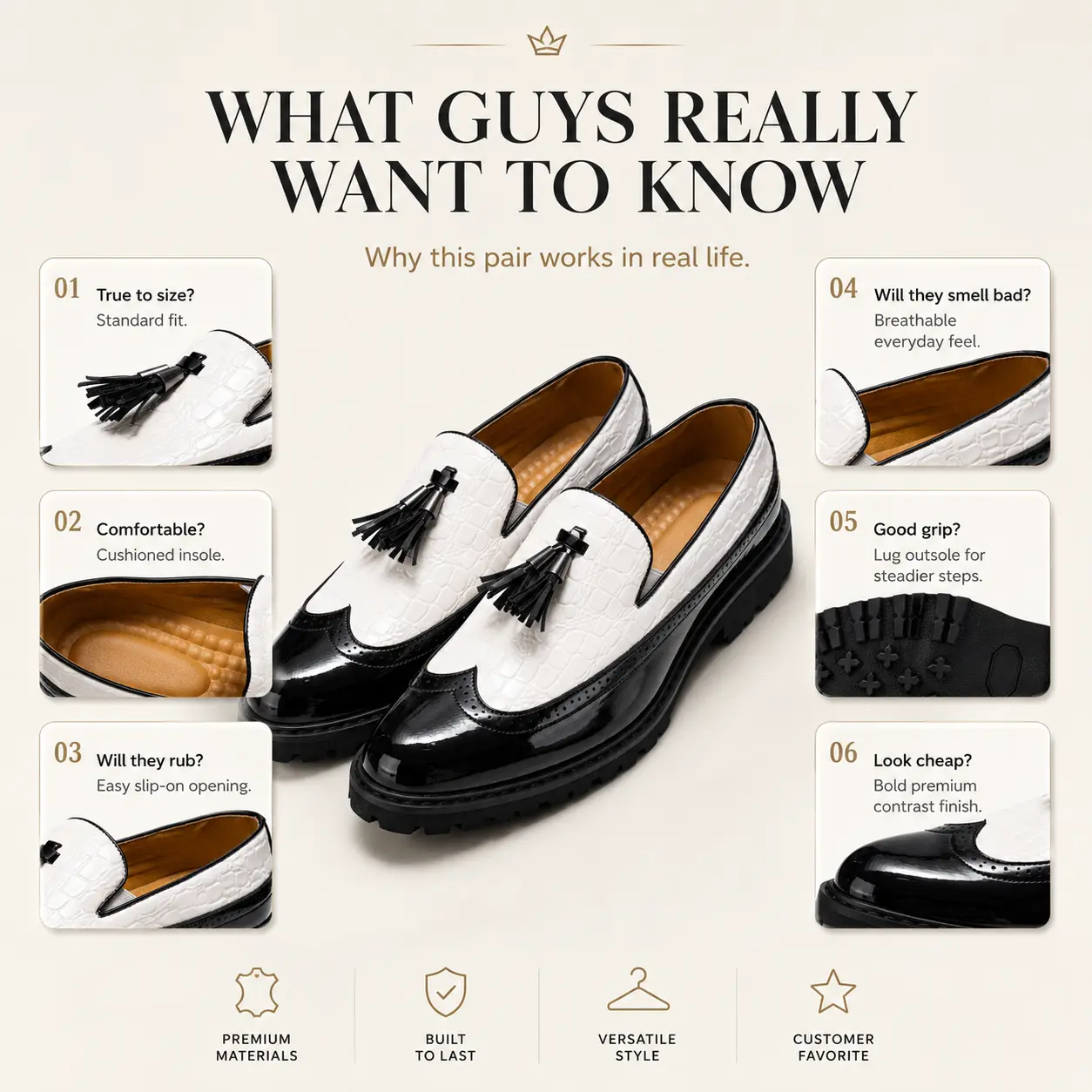 Men's Black & White Tassel Loafers, Croc Embossed Leather Wingtip Brogue Flat Walking Shoes with a Cushioned Round Toe, Footwear