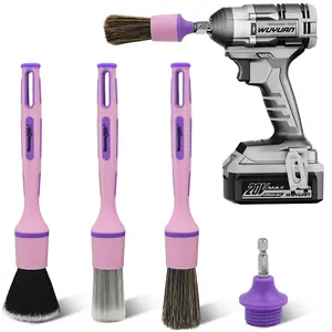 3Pcs Car Detailing Drill Brush Set with Drill Brush Attachment Head, 1P Ultra Soft No Scratch Car Drill Brush for Air Vent Leather Seat, 1P Boars Hair & 1P Detailing Brushes for Interior Exterior,Pink