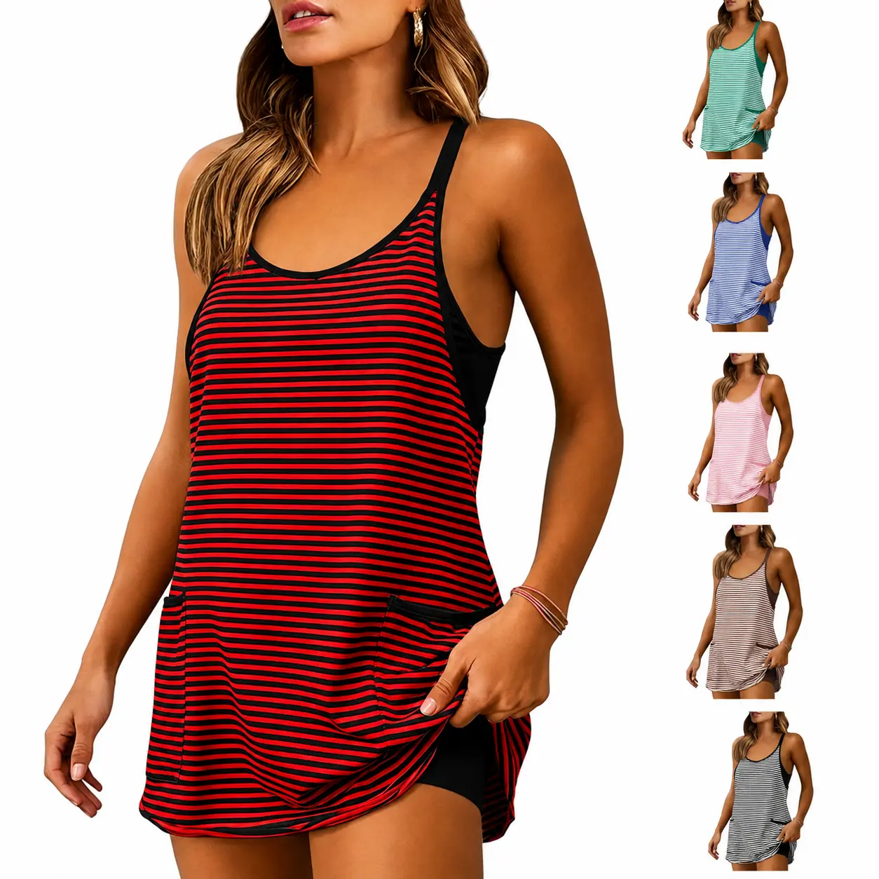 Striped Sleeveless Athletic mini dress for Women, V Neck sundress with Built-in shorts and Pockets, Lightweight Tennis Workout summer dress for Vacation, Beach and Casual Wear
