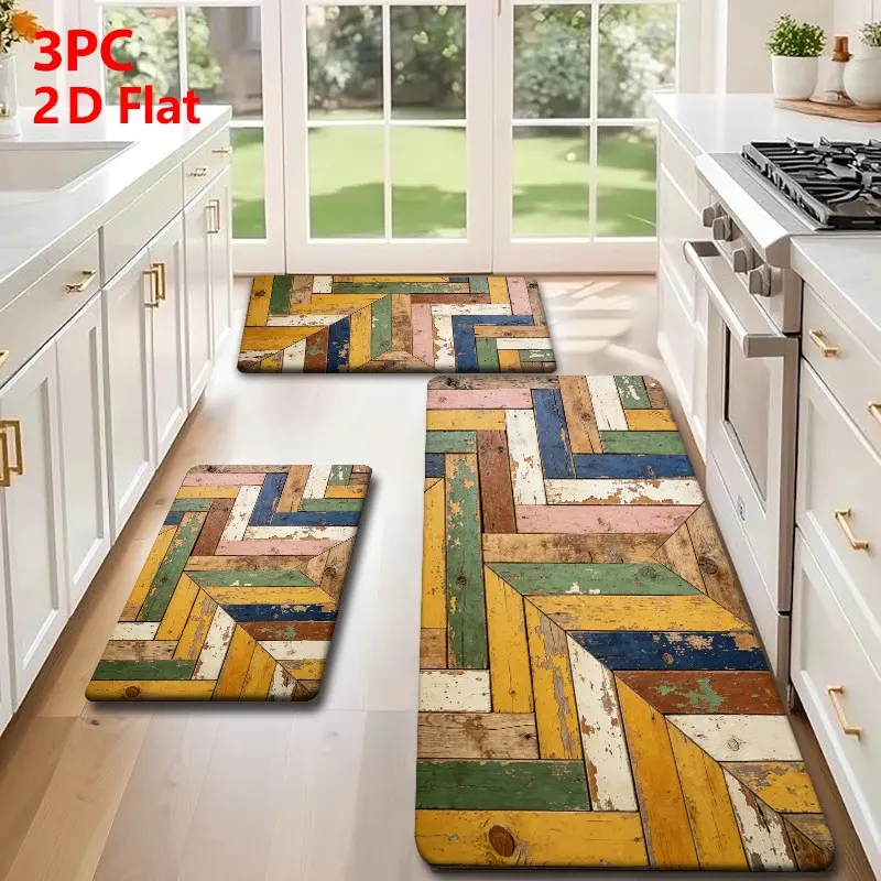 Vintage Herringbone Floor Mat, Multi-Color Wood Texture, Durable Print, Ideal for Living Room, Bedroom, Bathroom, Kitchen, Study