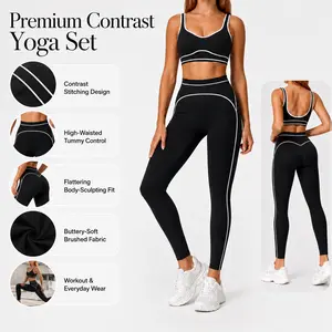 Women's 2-Piece Premium Contrast Stitch Yoga Set 2026 - High-Quality Fashionable Body-Sculpting High-Waisted Pilates Leggings Sports Suit