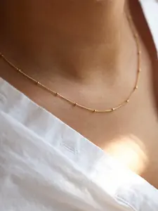 1pc Gold Stainless Steel Beaded Chain Necklace For Women, 40+5cm Adjustable Waterproof Non-Fading Minimalist Layering Choker, Daily Fashion Jewelry Gift