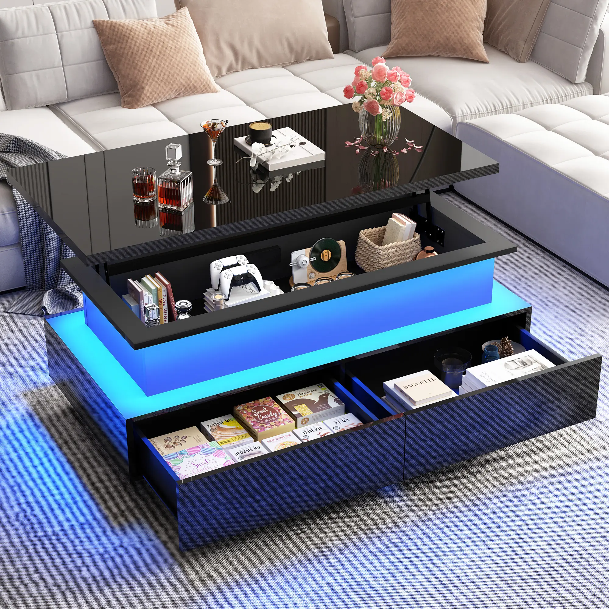 High Gloss Rectangular Coffee Table - 43.3 Inches Indoor Furniture Table, Gas Strut Support, Adjustable Height Tabletop, App Control Lighting, Storage Drawer, Hidden Compartment, Space-Saving Contemporary Apartment Furniture