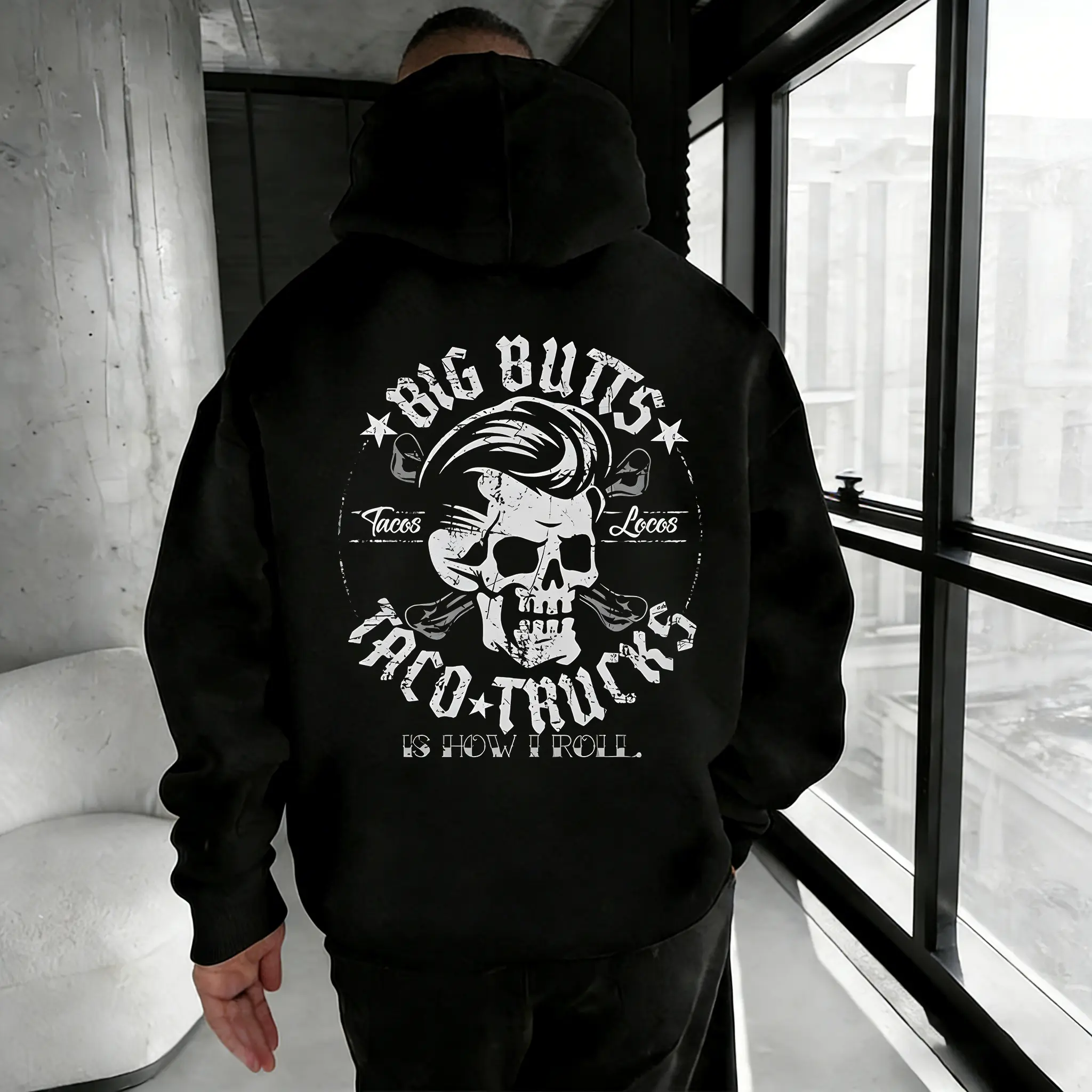 "Big Butts & Taco Trucks" Funny Skull Print Hoodie for Men, Trendy Streetwear Pullover, Soft Cotton Sweatshirt, Casual Everyday Wear, Bold Graphic Hoodie for Unisex Style