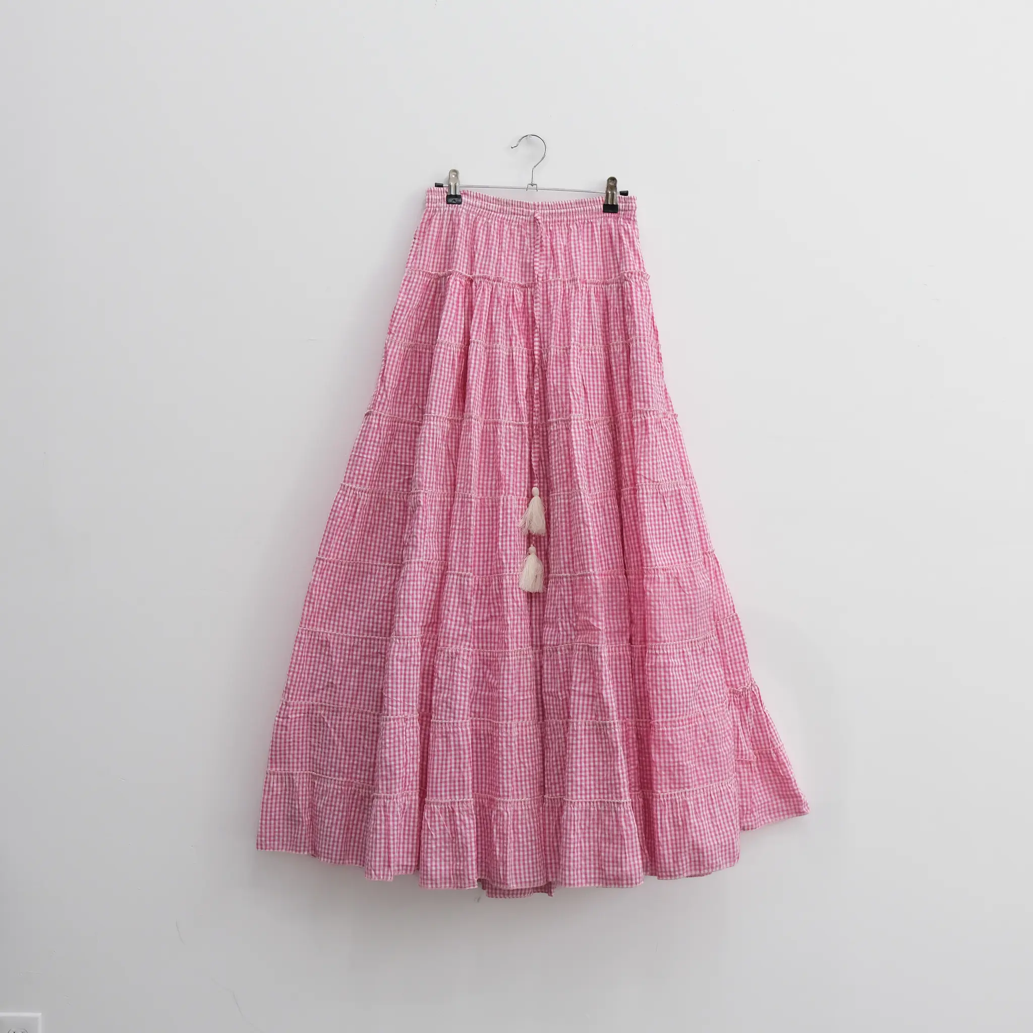 Gingham Flowy Skirt, Cotton Long Tiered Skirt with Pockets, Summer Maxi Bohemian Skirt, Cottagecore Boho Skirt