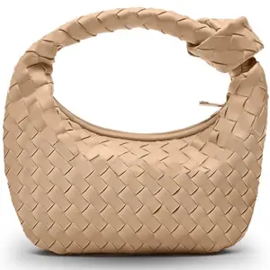 Woven Purse - Beige Leather Hobo Handbags for Women - Fashionable Knotted Small Top Handle Clutch - Stylish & Functional Bag