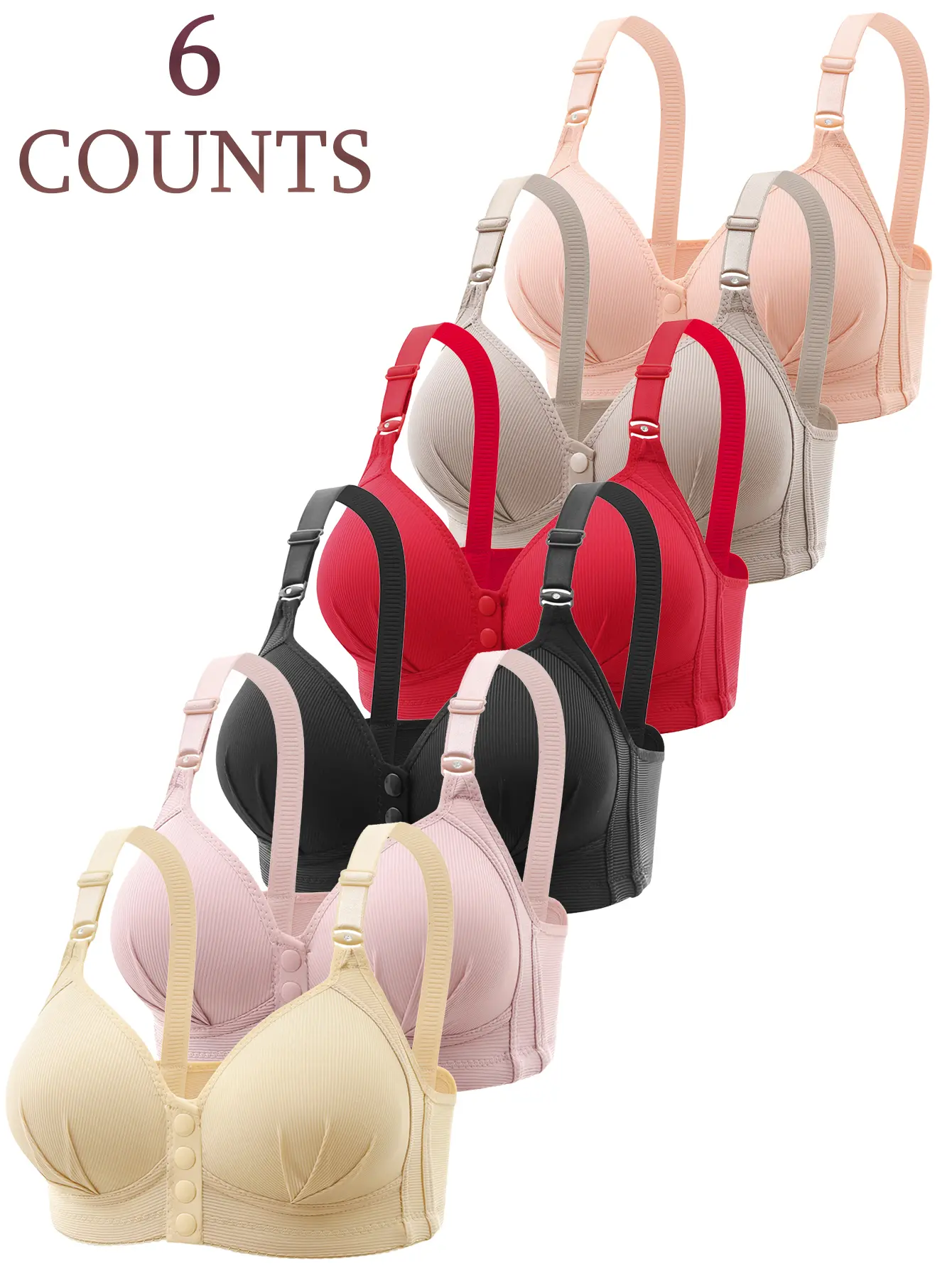 Women's Minimalist Front Closure Wireless Bra, 6-Pack Basic Solid Push-Up Lingerie - Comfortable, Breathable for Casual Daily Wear, Bras For Women, Push Up Bras For Women